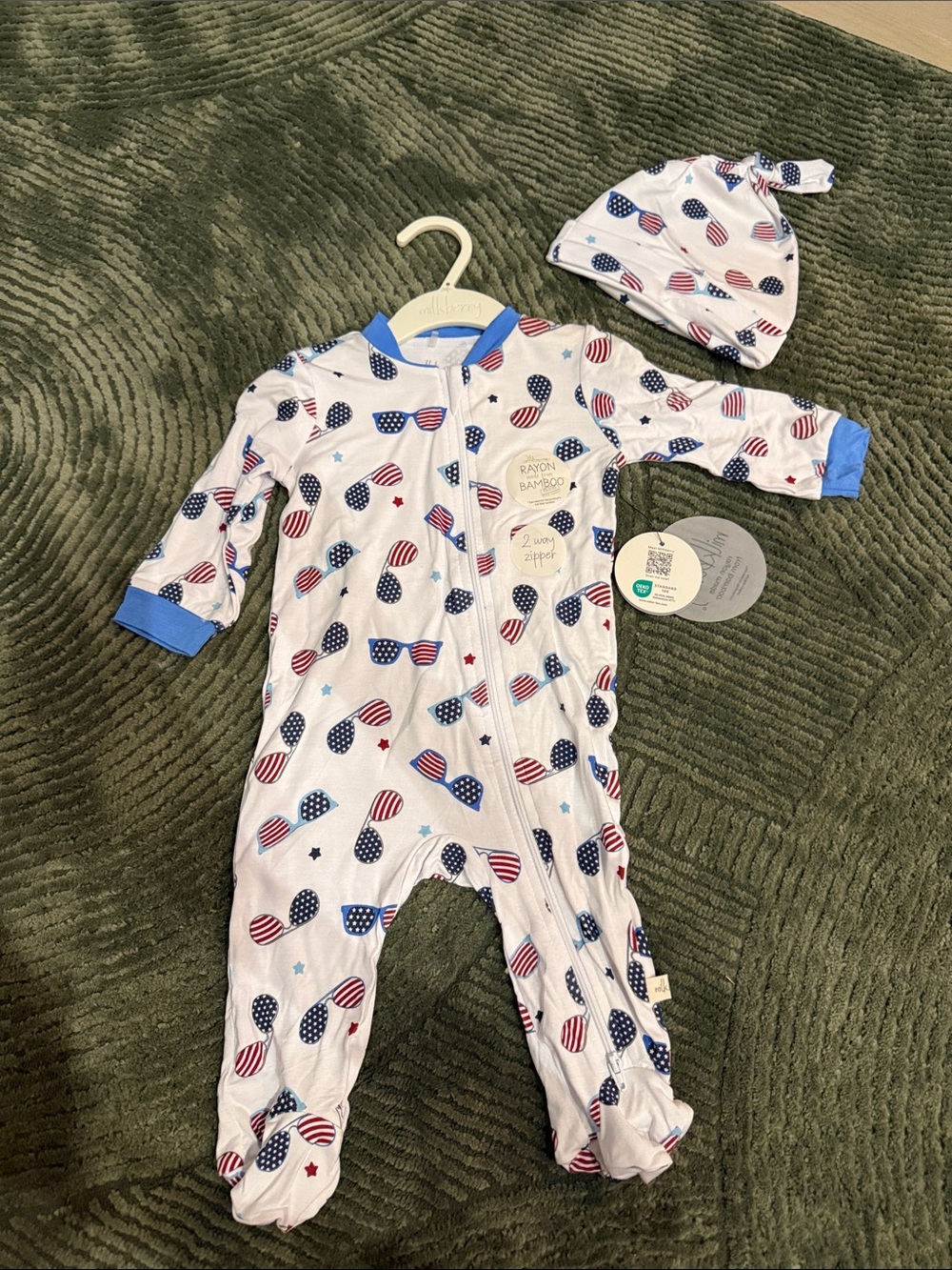 Unisex Baby Footed One-Piece with Hat - Patriotic Red & Blue Print